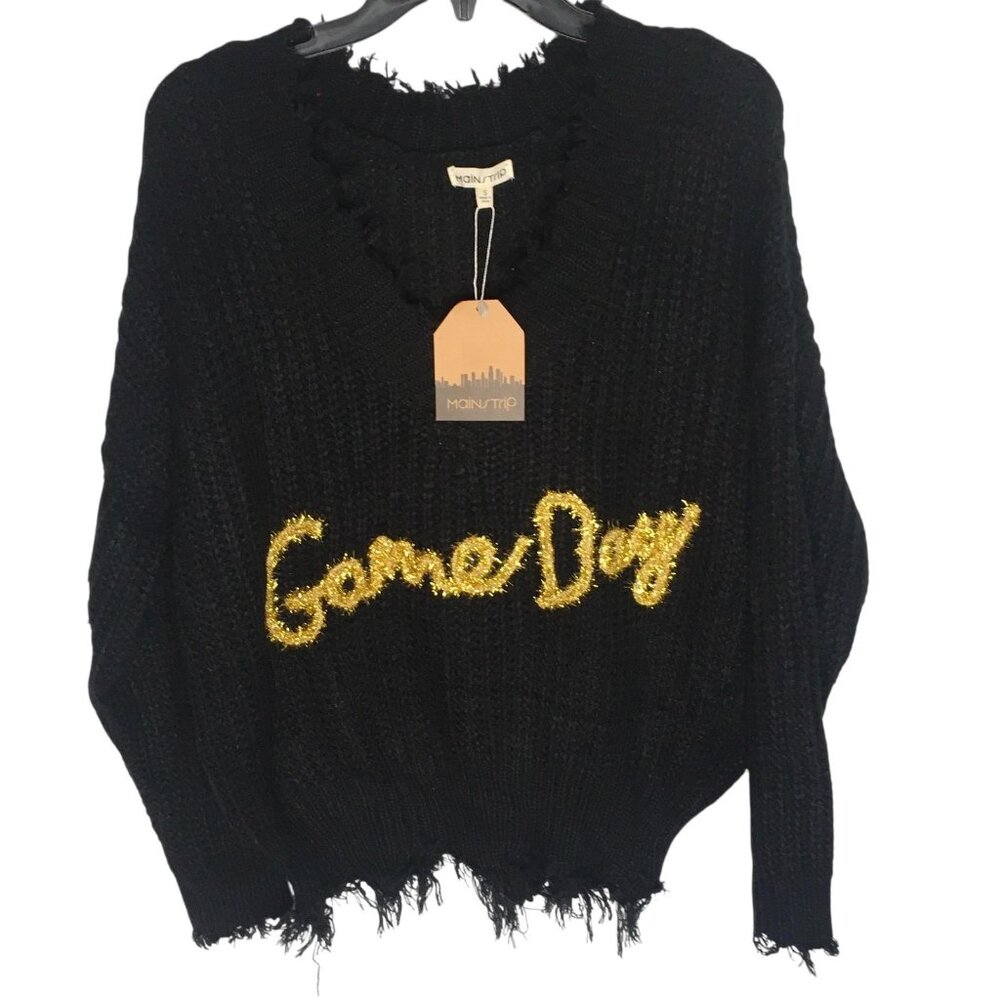 Mainstrip Sweater Black Gold Game Day Distressed Hem Pullover  Womens Small